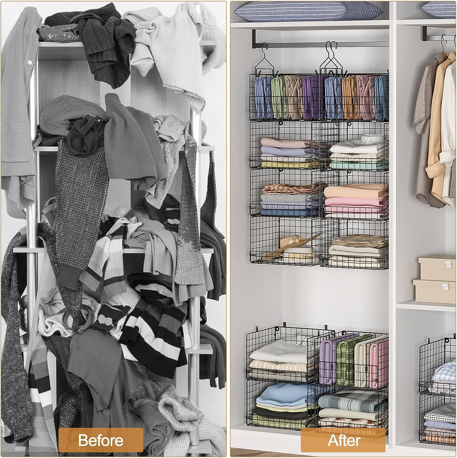 4 Tire Hanging Closet Organizer Stackable Storage Clothes Hanging Shelves With 3 Dividers