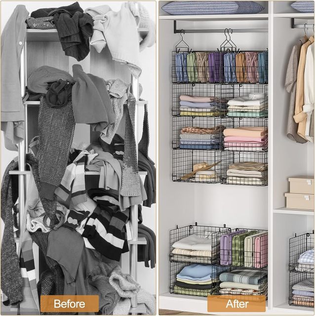 4 Tire Hanging Closet Organizer Stackable Storage Clothes Hanging Shelves With 3 Dividers