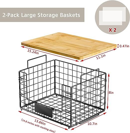 2 Pack Stackable Kitchen Organization Wire Baskets with Bamboo Top for Pantry Organizers and Storage