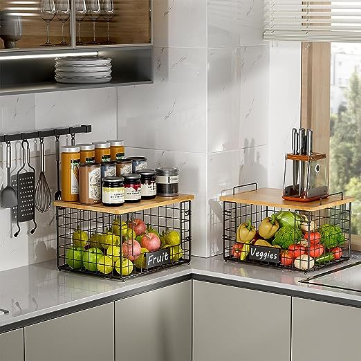 2 Pack Stackable Kitchen Organization Wire Baskets with Bamboo Top for Pantry Organizers and Storage