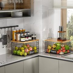 2 Pack Stackable Kitchen Organization Wire Baskets with Bamboo Top for Pantry Organizers and Storage