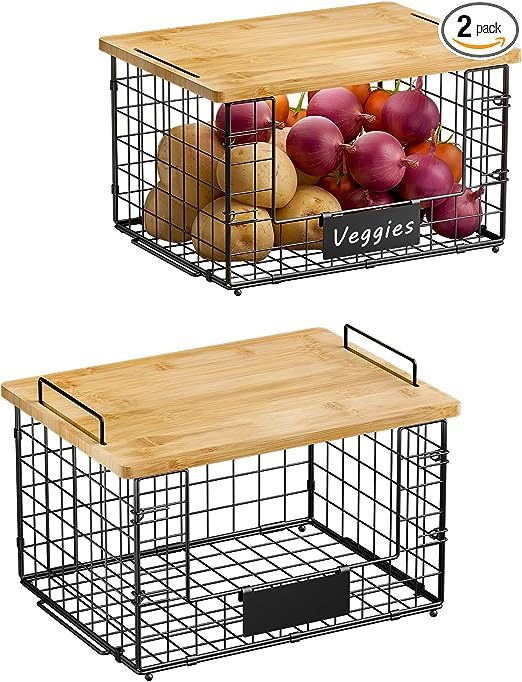 2 Pack Stackable Kitchen Organization Wire Baskets with Bamboo Top for Pantry Organizers and Storage
