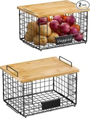 2 Pack Stackable Kitchen Organization Wire Baskets with Bamboo Top for Pantry Organizers and Storage