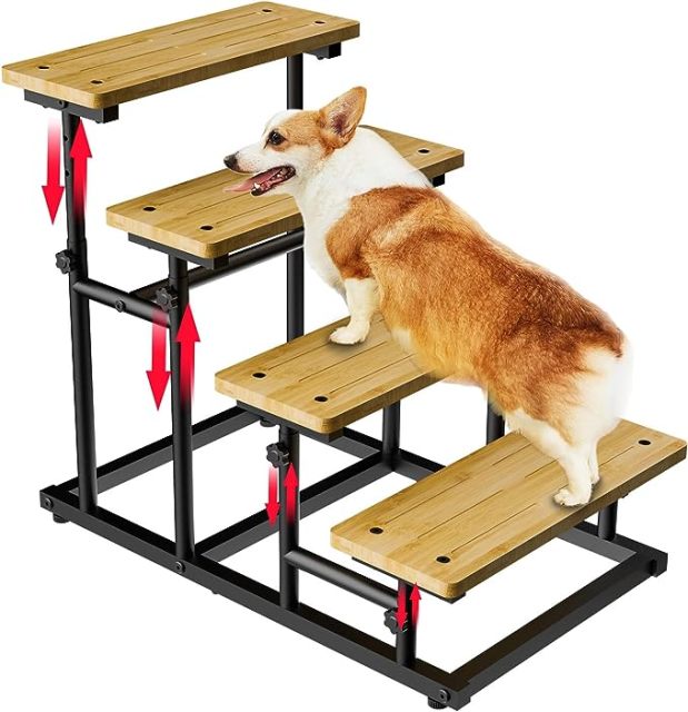 Adjustable 4 or 3 Ladder Bamboo Pet Dog Stairs Dog Step for High Beds or Couch