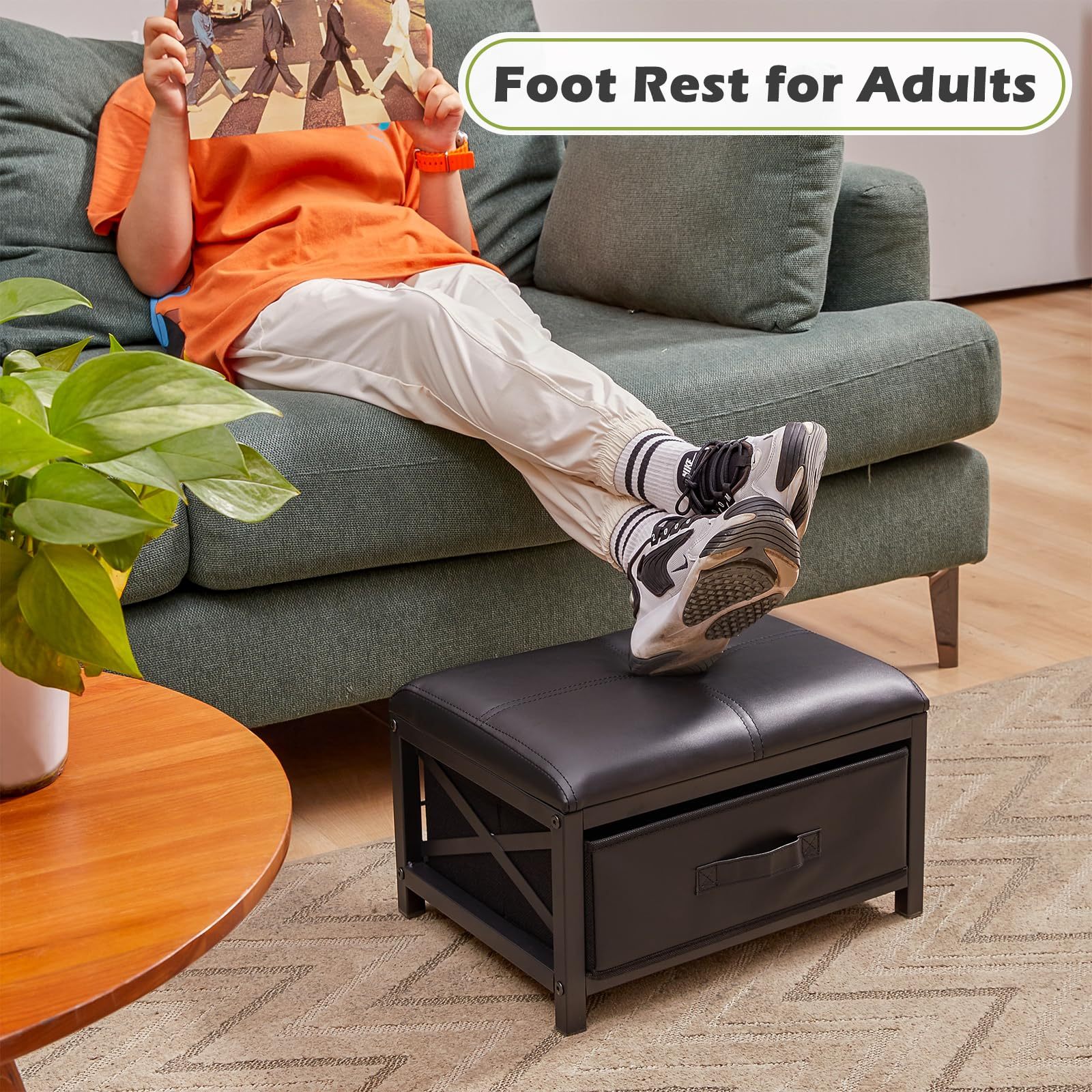 Faux Leather Foot Rest Stool with Storage for Living Room Bedroom Entryway