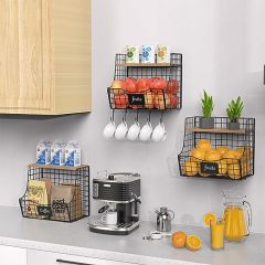 Counter&Wall Mounted Pantry 3 Pack Fruit Basket for Kitchen with Wood Lid