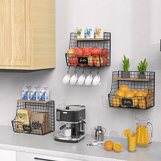 Counter&Wall Mounted Pantry 3 Pack Fruit Basket for Kitchen with Wood Lid