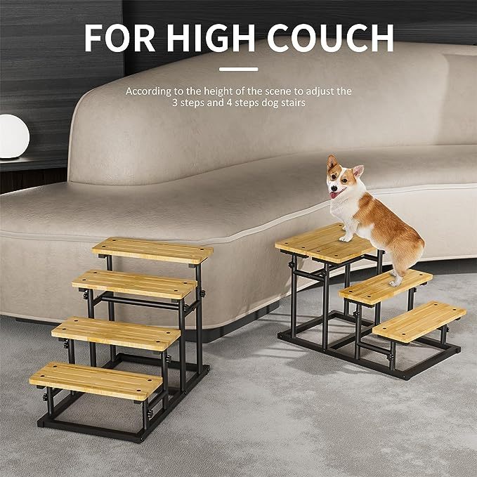 Adjustable 4 or 3 Ladder Bamboo Pet Dog Stairs Dog Step for High Beds or Couch
