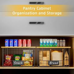 2 Pack Stackable Kitchen Organization Wire Baskets with Bamboo Top for Pantry Organizers and Storage