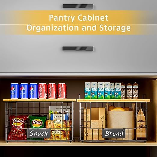 2 Pack Stackable Kitchen Organization Wire Baskets with Bamboo Top for Pantry Organizers and Storage