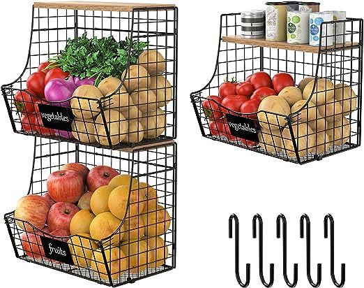 Counter&Wall Mounted Pantry 3 Pack Fruit Basket for Kitchen with Wood Lid