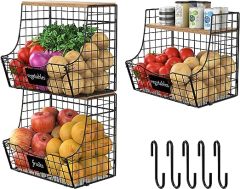 Counter&Wall Mounted Pantry 3 Pack Fruit Basket for Kitchen with Wood Lid
