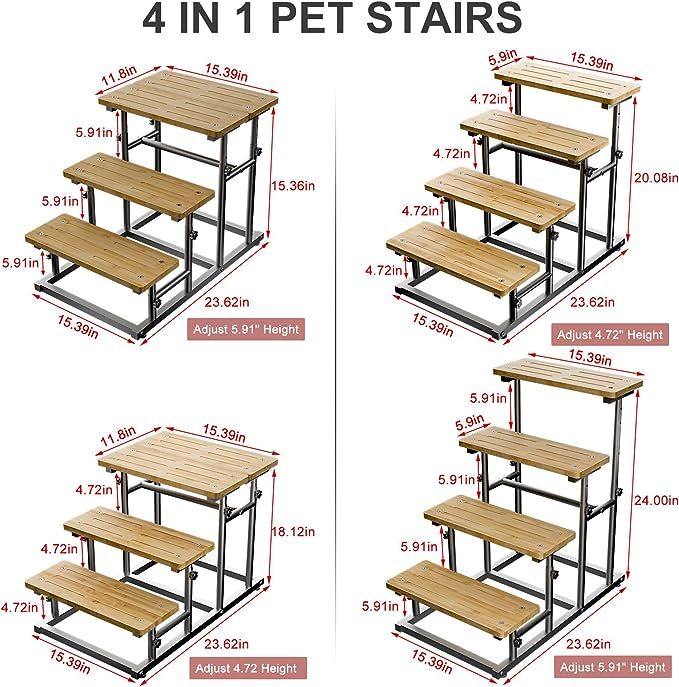 Adjustable 4 or 3 Ladder Bamboo Pet Dog Stairs Dog Step for High Beds or Couch