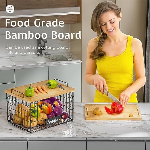 2 Pack Stackable Kitchen Organization Wire Baskets with Bamboo Top for Pantry Organizers and Storage