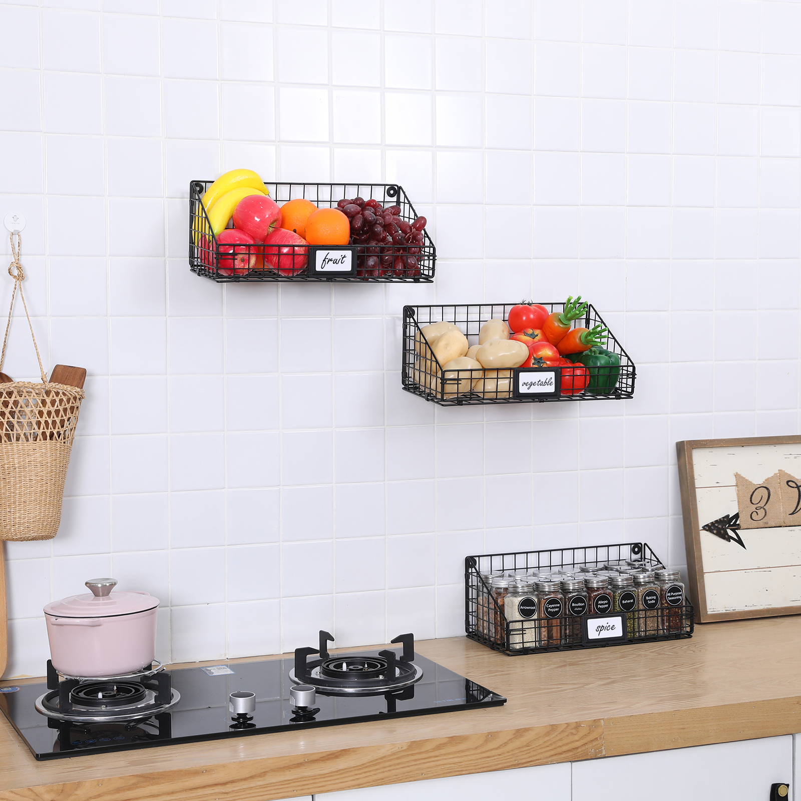 New Arrival Competitive Price House Bathroom Vegetable Fruit 3 Sets Small Metal Black Wire Wall Mounted Hanging Storage Basket