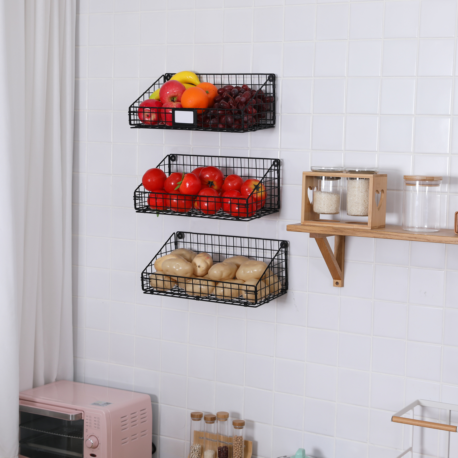 New Arrival Competitive Price House Bathroom Vegetable Fruit 3 Sets Small Metal Black Wire Wall Mounted Hanging Storage Basket