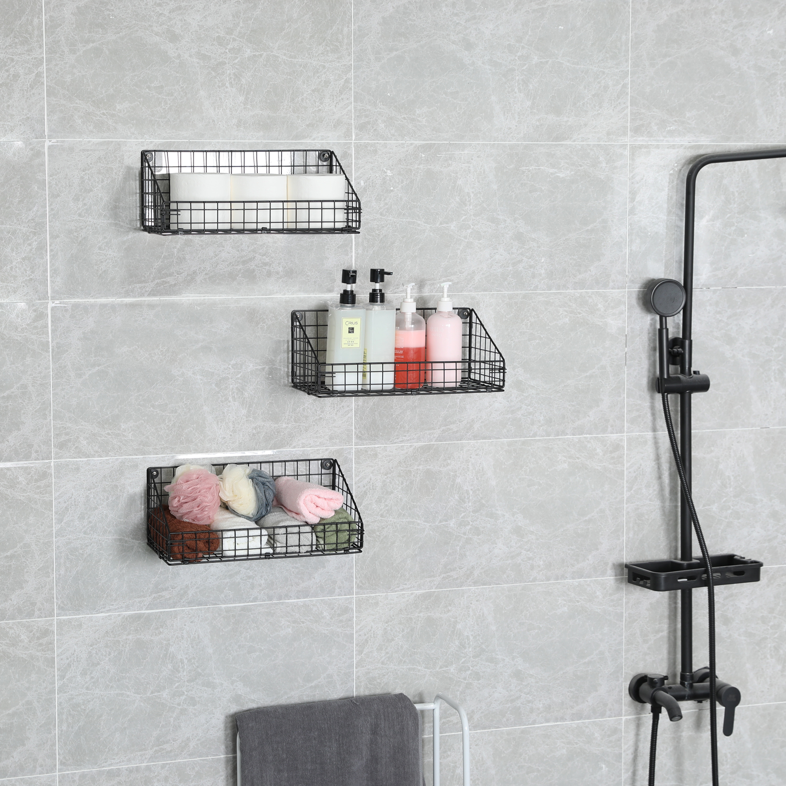 New Arrival Competitive Price House Bathroom Vegetable Fruit 3 Sets Small Metal Black Wire Wall Mounted Hanging Storage Basket