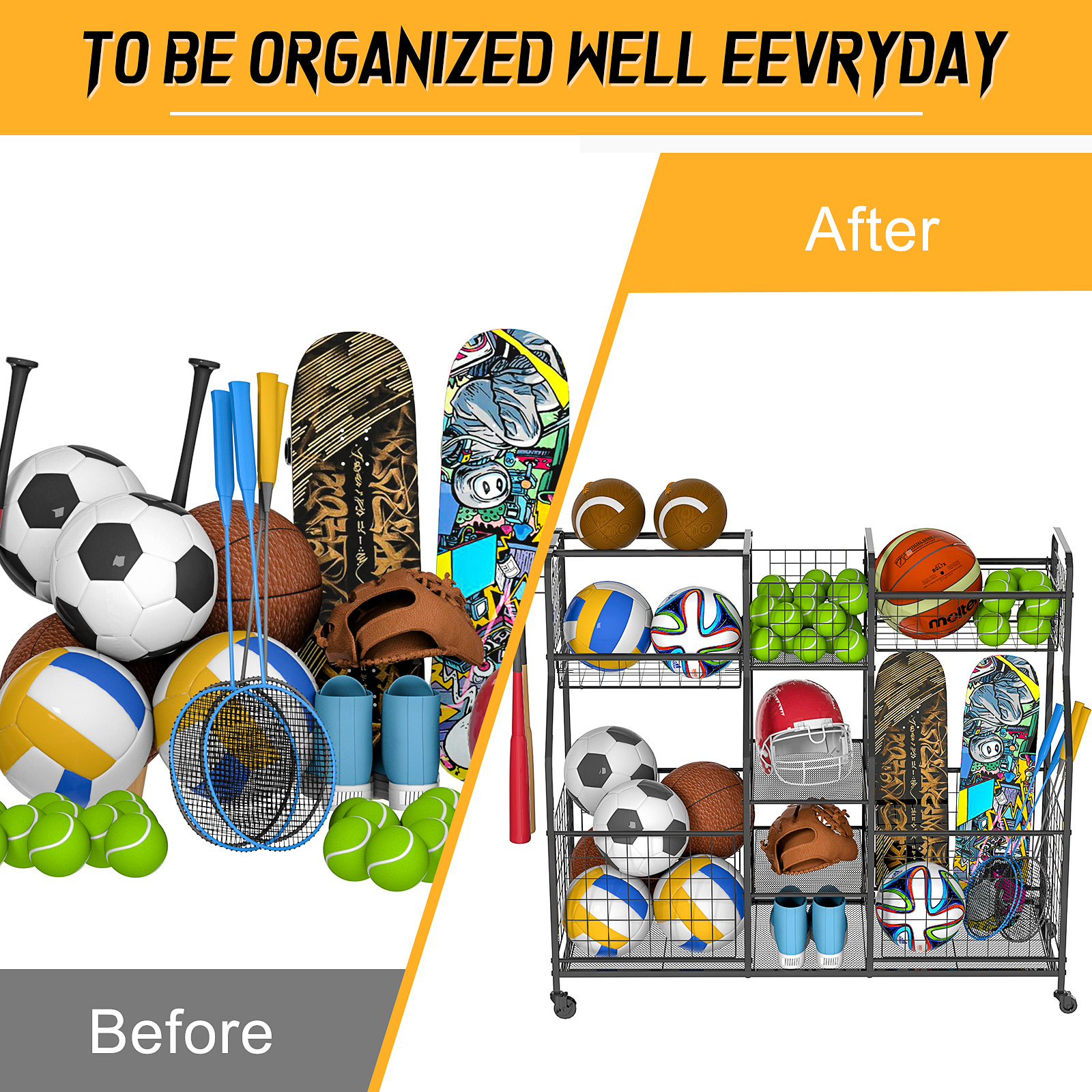 Sports Ball Storage Rack Equipment Organizer