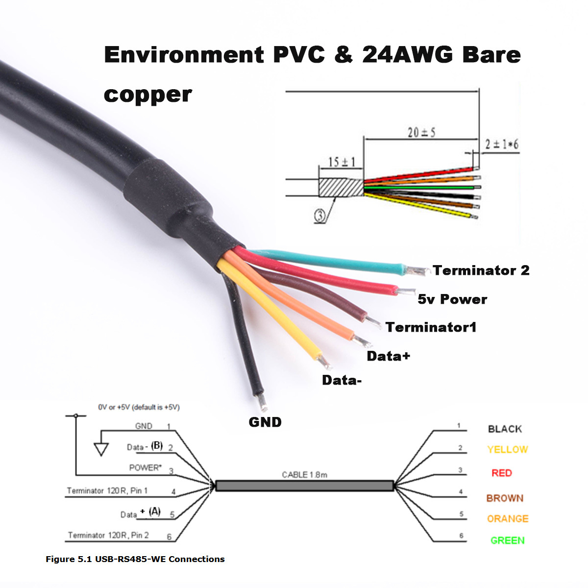 FTDI FT232RL USB TO RS485 6 CORE 6P WE CONVERTER SERIAL COMMUNICATION CABLE COMPATIBLE USB-RS485-WE-1800-BT GND DATA A+ B- 120R