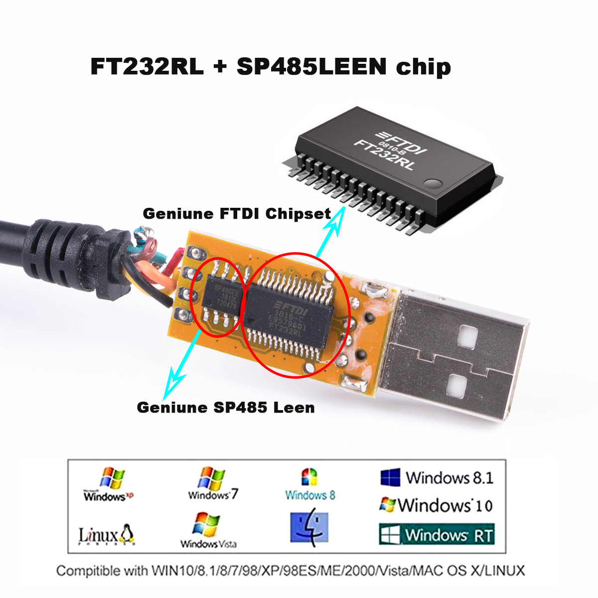 FTDI FT232RL USB TO RS485 6 CORE 6P WE CONVERTER SERIAL COMMUNICATION CABLE COMPATIBLE USB-RS485-WE-1800-BT GND DATA A+ B- 120R