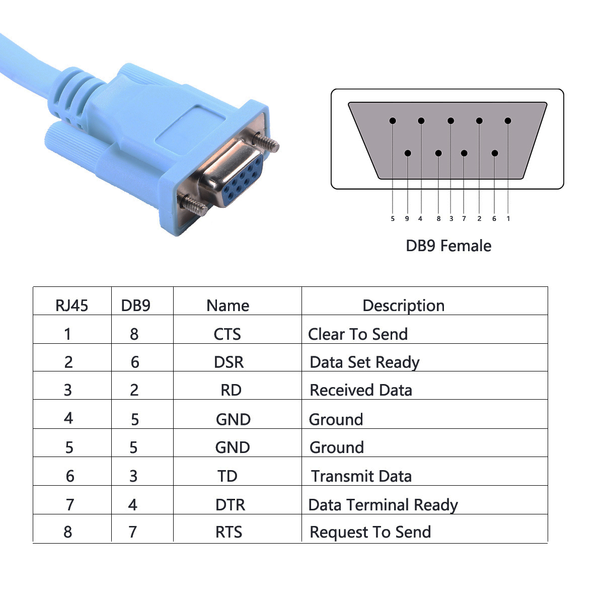 DB9 Console cable for Cisco, DB9 Female to RJ45 8P8C RS232 Serial Cable for Routers Switches and Firewall