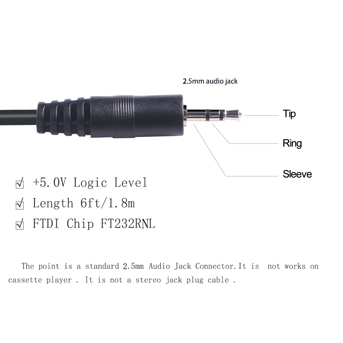USB to 5V TTL Serial Cable 2.5mm TRS Audio Jack AJ UART Connveter FTDI 3 Pins 3P 1.8m