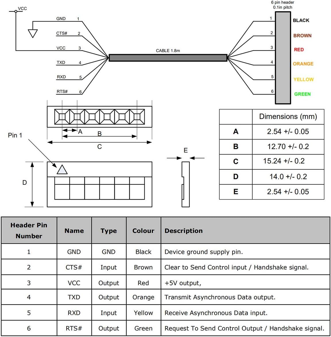 USB to 3.3v TTL Serial Cable 6P Dupont Header UART Converter CP2102 6 Pins 3V3 1.8m