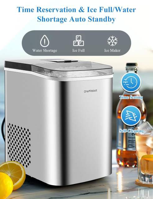 ChefRobot Smart Nugget Ice Maker – 34 lbs/Day Stainless Steel Countertop Machine