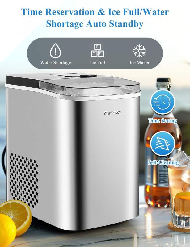 ChefRobot Smart Nugget Ice Maker – 34 lbs/Day Stainless Steel Countertop Machine