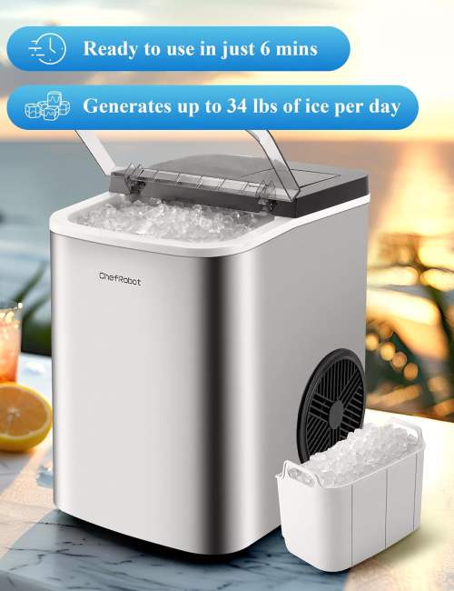 ChefRobot Smart Nugget Ice Maker – 34 lbs/Day Stainless Steel Countertop Machine