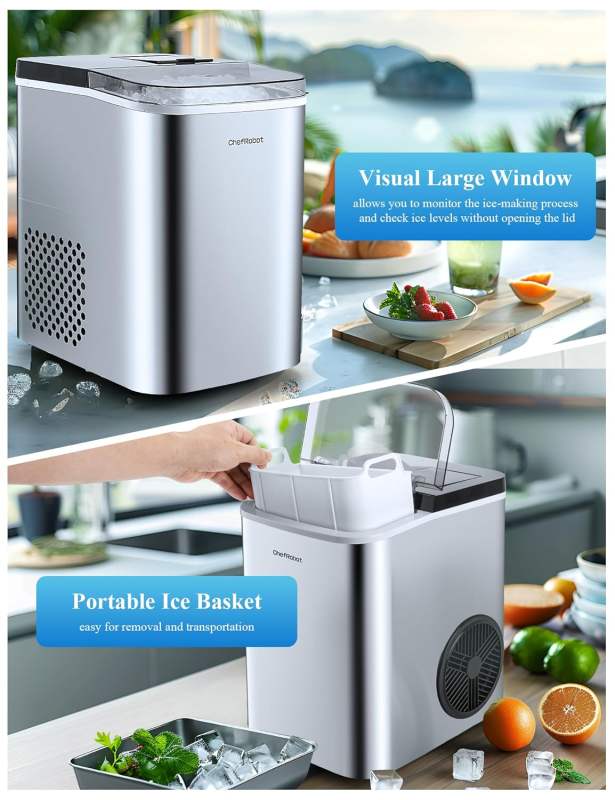 ChefRobot Smart Nugget Ice Maker – 34 lbs/Day Stainless Steel Countertop Machine