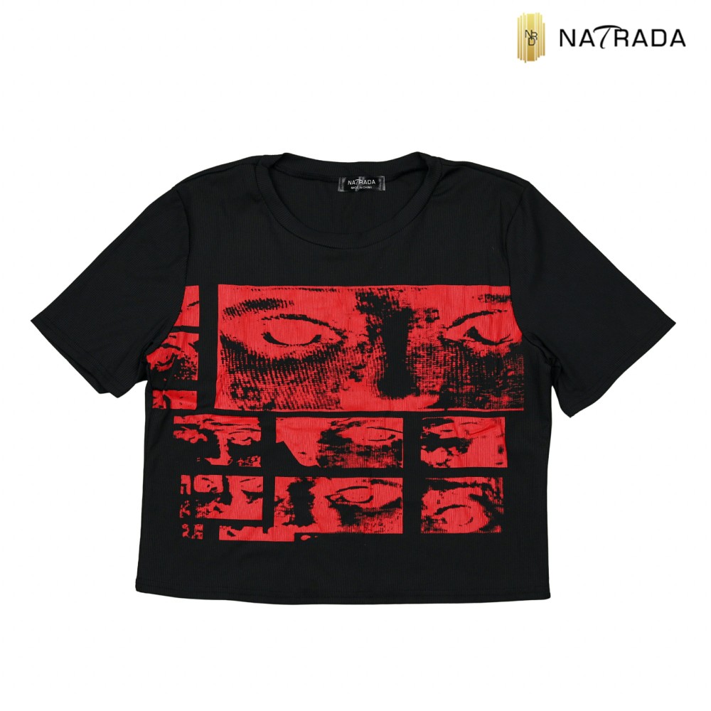 Natrada Graphic Print Short Sleeve Crop Top | Black