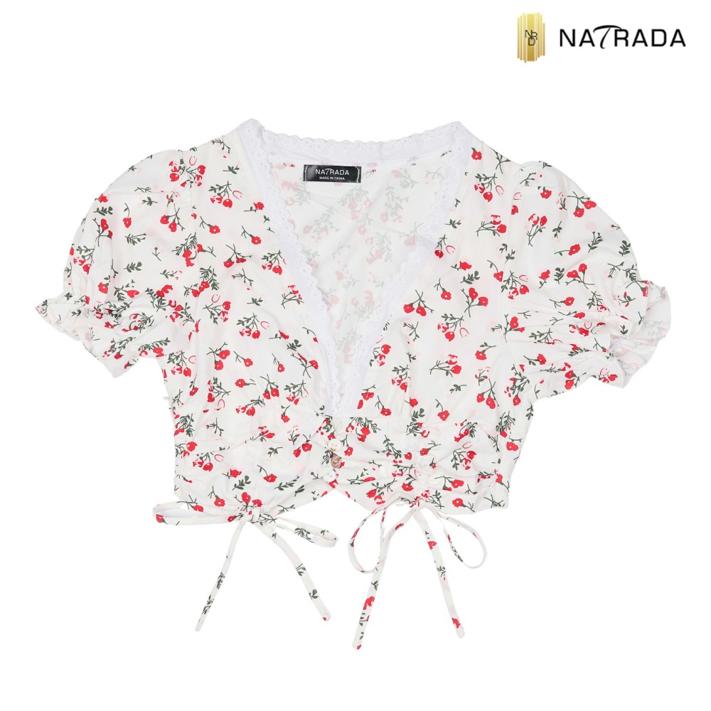 Natrada Ditsy Button Front Puff Sleeve Crop Top