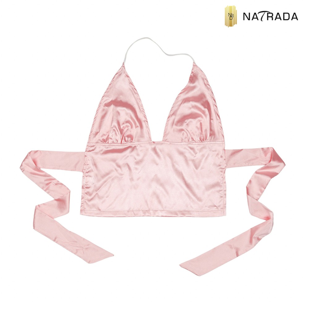 Natrada Halterneck Cut Out Satin Top | Pink