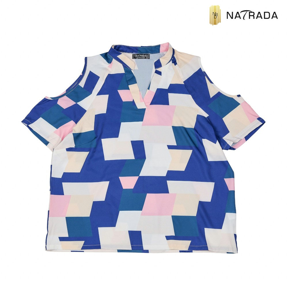 Natrada Graphic Print Short Sleeve Cold Shoulder Shirt
