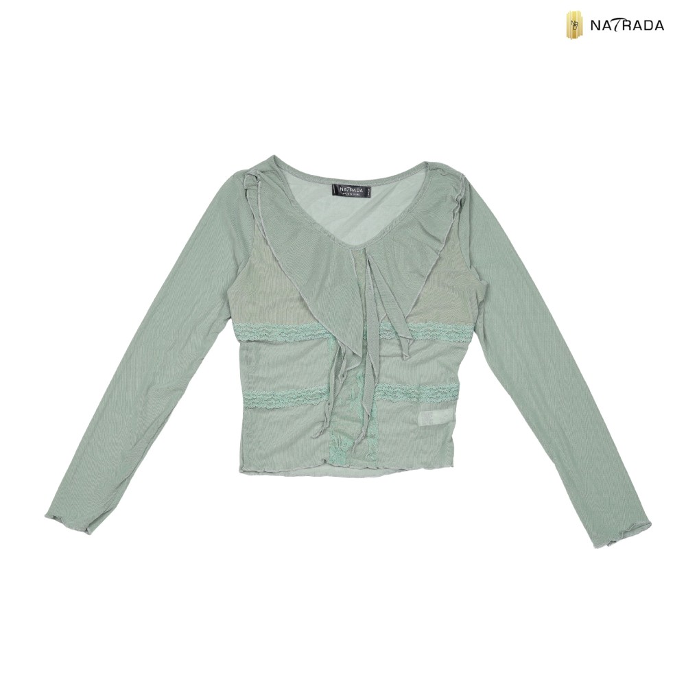 Natrada Ruffle Trim Long Sleeve Crop Top | Green