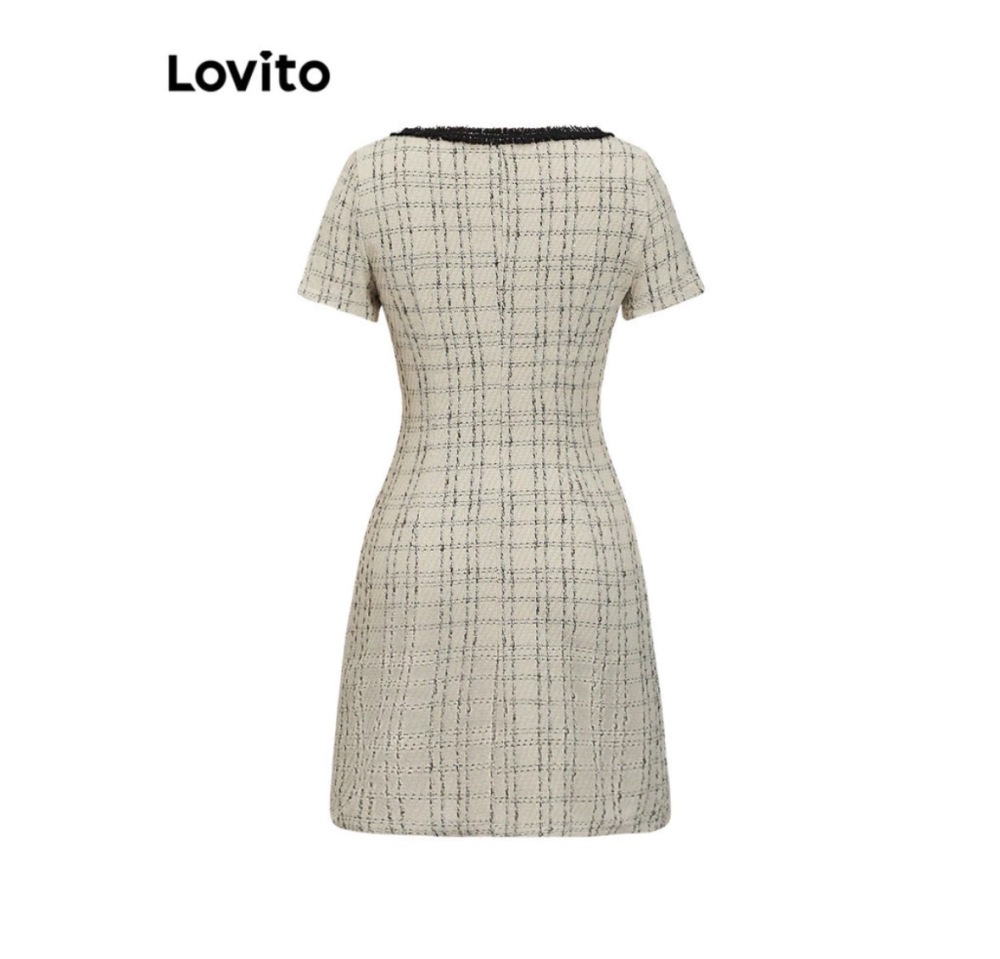 Lovito Vintage Square Neck Short Sleeve Slim Tweed Mini Dress