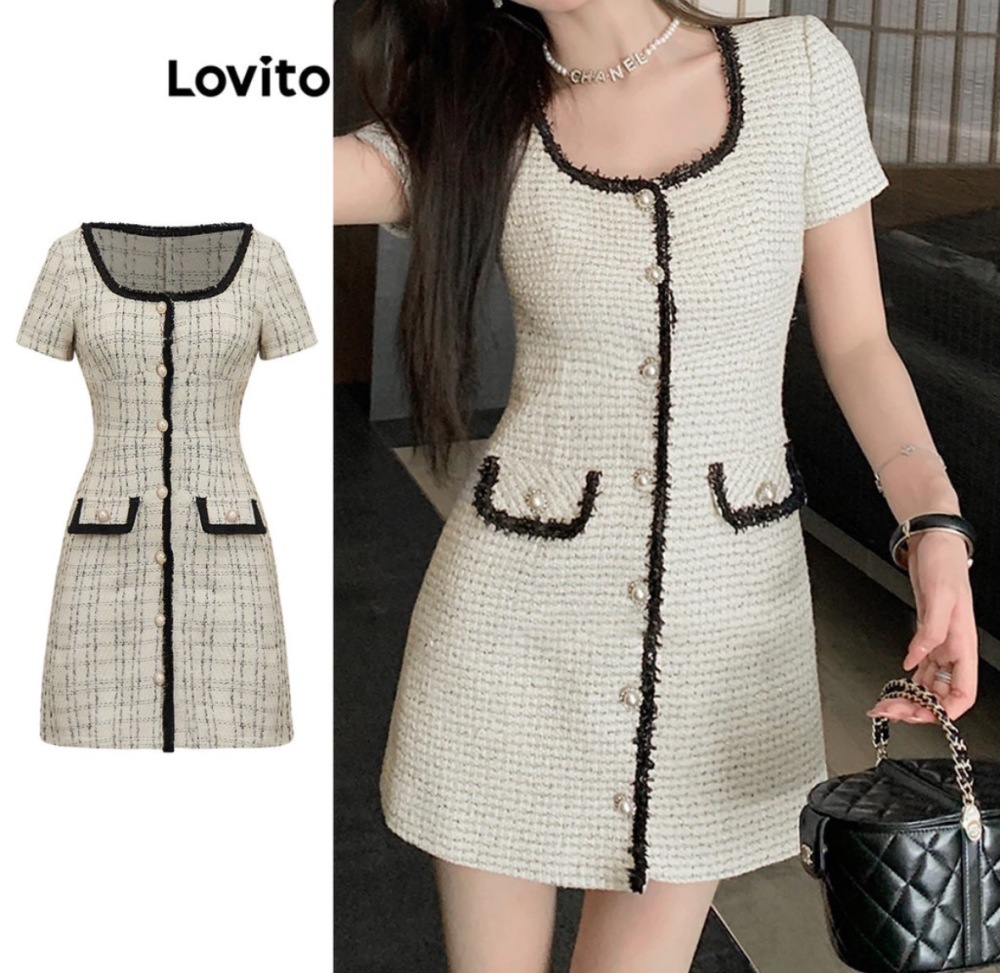 Lovito Vintage Square Neck Short Sleeve Slim Tweed Mini Dress