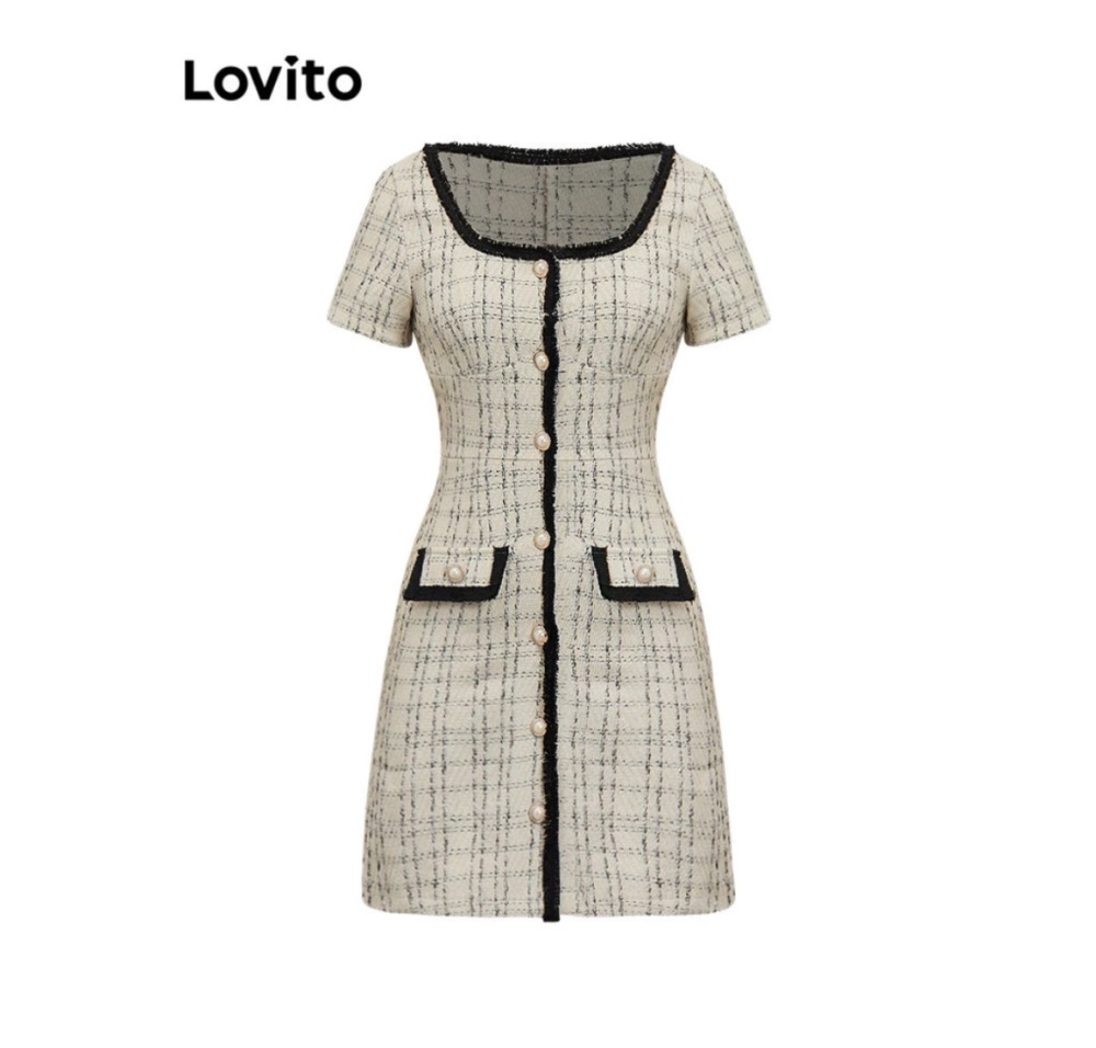 Lovito Vintage Square Neck Short Sleeve Slim Tweed Mini Dress