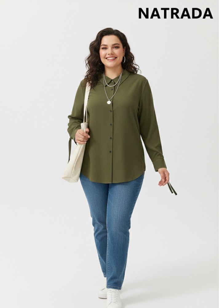 T-P004 : เสื้อเชิ้ตเเขนยาวสีเขียวขี้ม้ามีเชือกผูกเอว Long-sleeved olive green shirt with a waist tie (Ships within 24 hours)