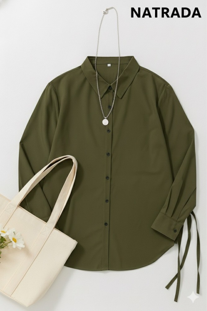T-P004 : เสื้อเชิ้ตเเขนยาวสีเขียวขี้ม้ามีเชือกผูกเอว Long-sleeved olive green shirt with a waist tie (Ships within 24 hours)