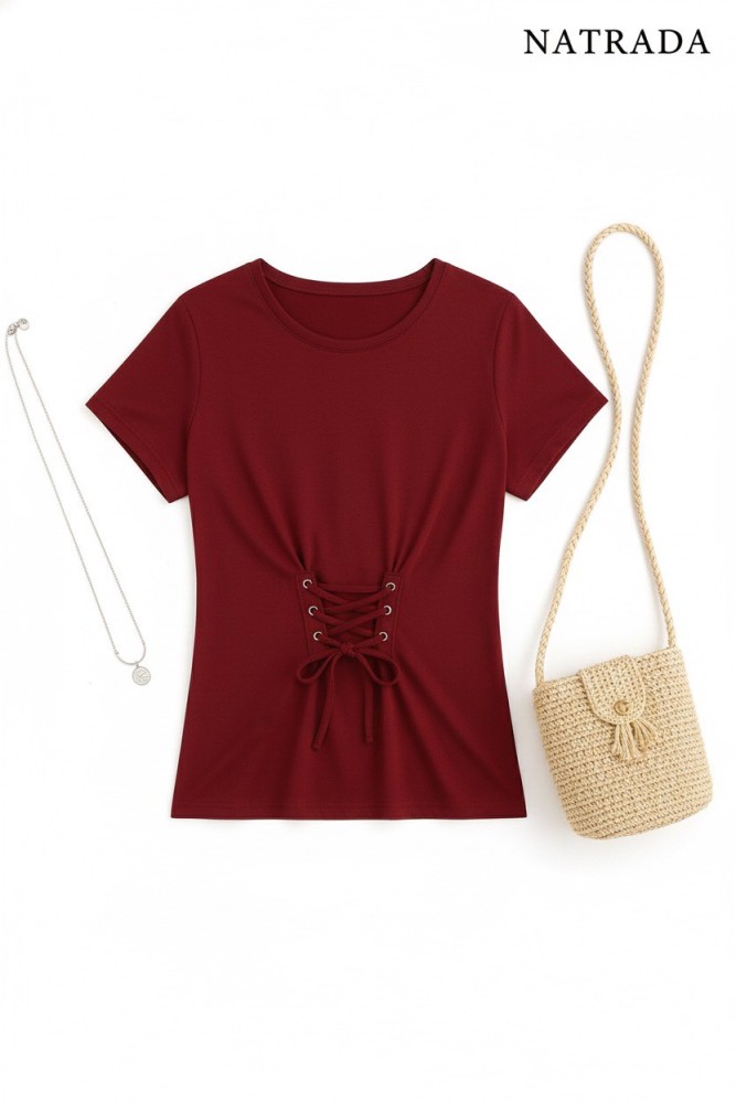 T-P001 : เสื้อยืดเเฟชั่นเเต่งผูกโบว์ข้างหน้าสีเเดง Red fashion t-shirt with a front side bow tie (Ships within 24 hours)