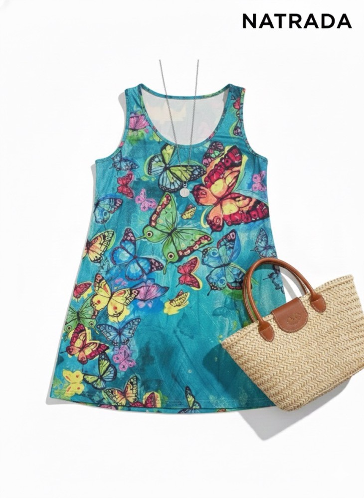 D003 : เดรสเเขนกุดสีฟ้าลายผีเสื้อ Sleeveless blue dress with butterfly print (Ships within 24 hours)