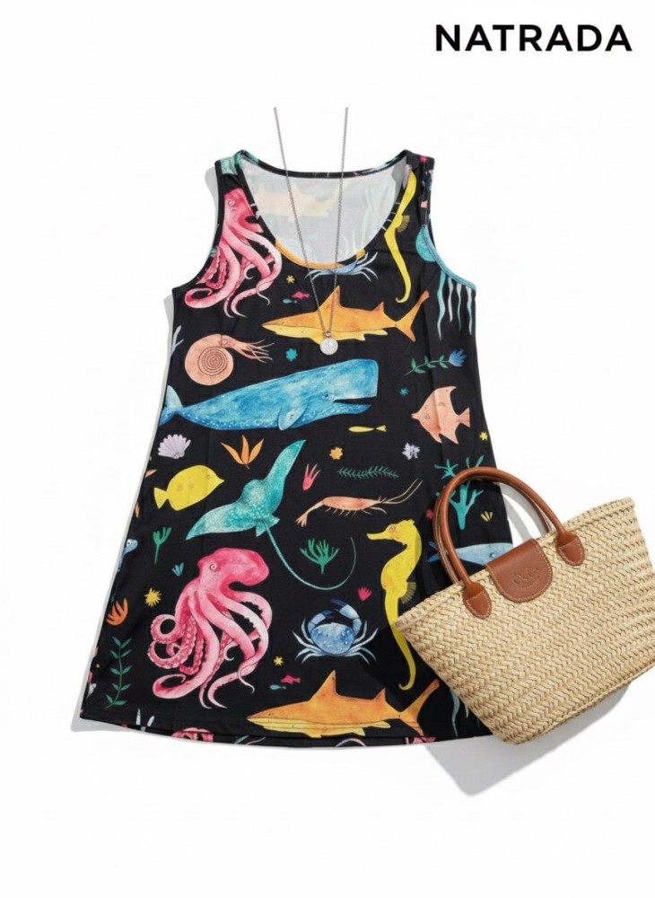 D005 : เดรสเเขนกุดสีดำลายดอก Black sleeveless dress with floral pattern (Ships within 24 hours)