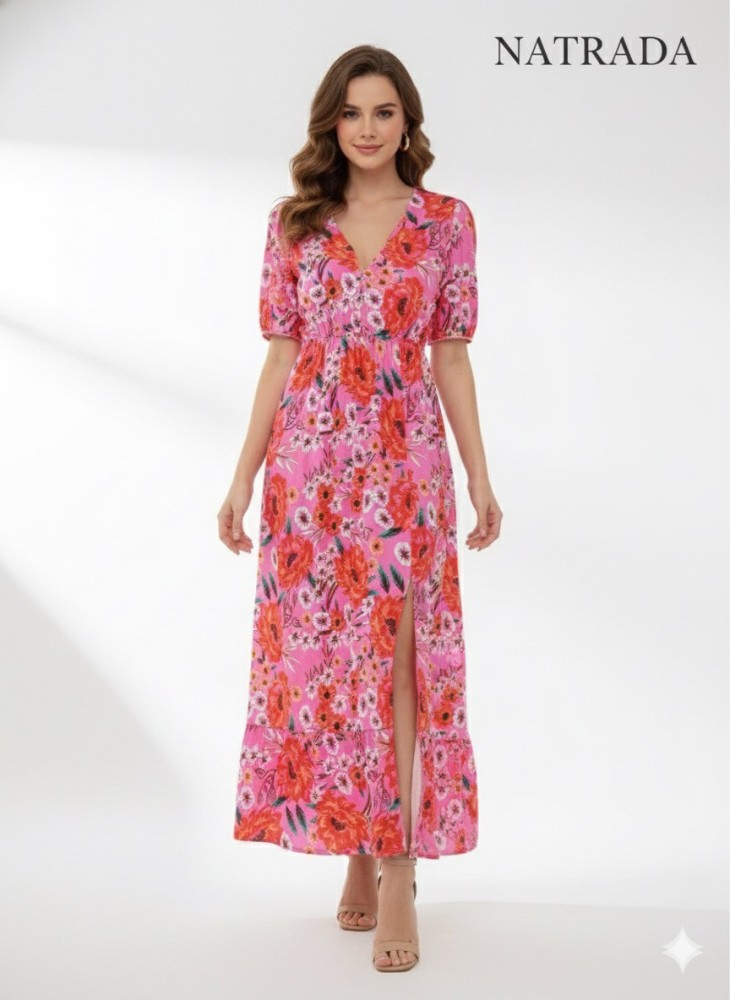 D006 : เดรสเเขนสั้นลายดอกสีชมพู Short-sleeve pink floral dress (Ships within 24 hours)