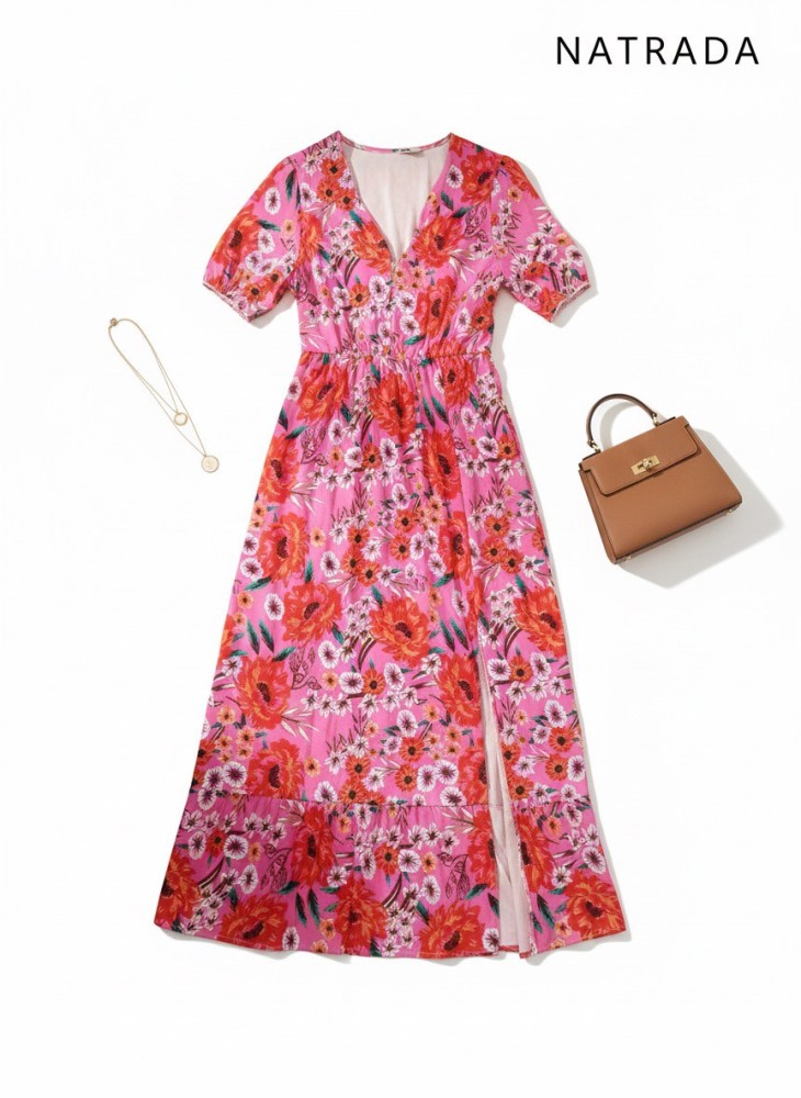 D006 : เดรสเเขนสั้นลายดอกสีชมพู Short-sleeve pink floral dress (Ships within 24 hours)