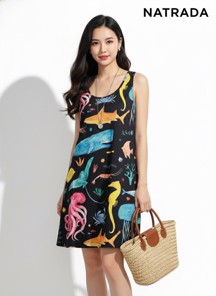 D005 : เดรสเเขนกุดสีดำลายดอก Black sleeveless dress with floral pattern (Ships within 24 hours)