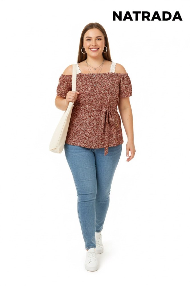T-P006 : เสื้อเเฟชั้นสายเดี่ยวปาดไหล่สีเเดงลายดอก Red off-shoulder floral tank top (Ships within 24 hours)