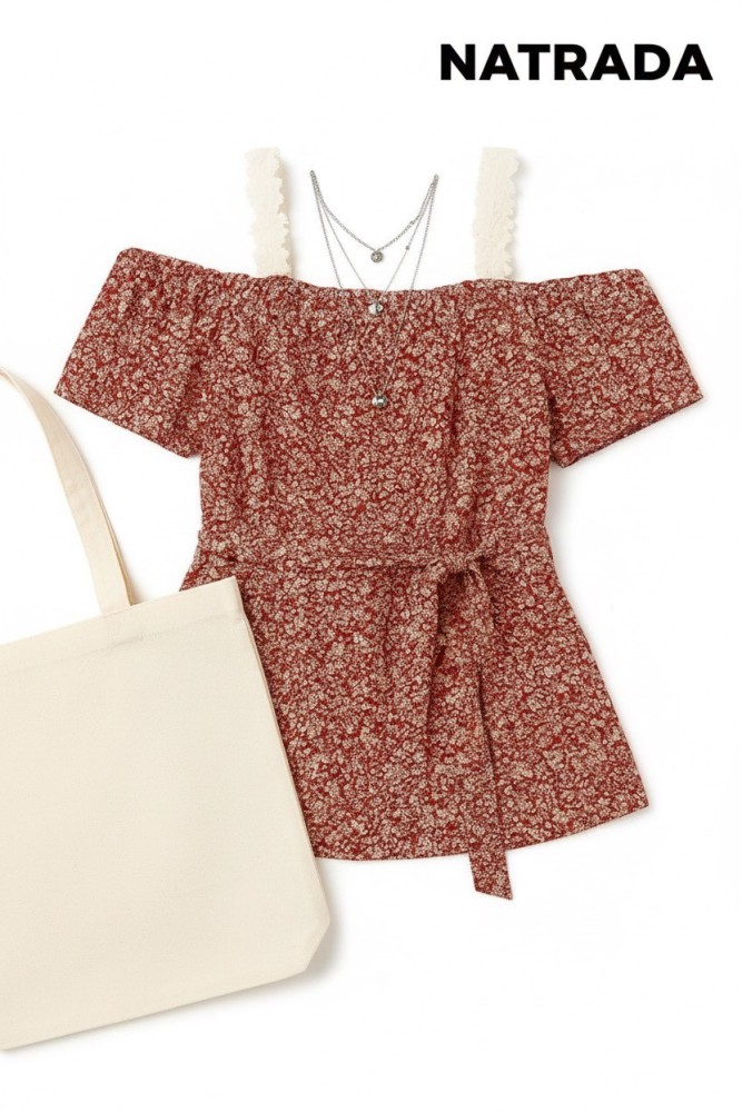 T-P006 : เสื้อเเฟชั้นสายเดี่ยวปาดไหล่สีเเดงลายดอก Red off-shoulder floral tank top (Ships within 24 hours)