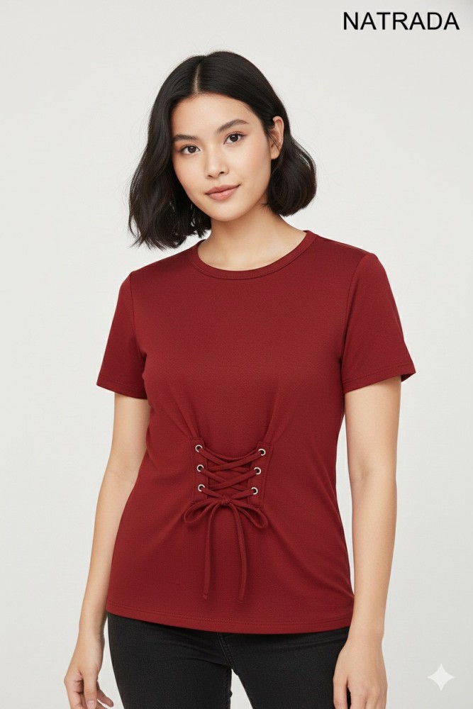 T-P001 : เสื้อยืดเเฟชั่นเเต่งผูกโบว์ข้างหน้าสีเเดง Red fashion t-shirt with a front side bow tie (Ships within 24 hours)